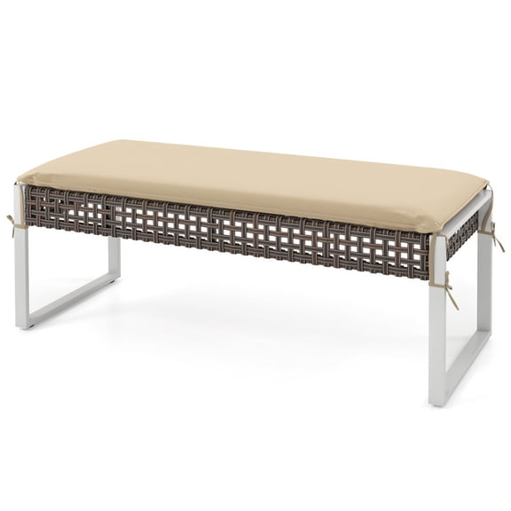 Biotree 43 Inch Outdoor Ottoman with Removable Seat Cushion and PE Rattan and Metal Legs for Patio Garden Backyard, Beige