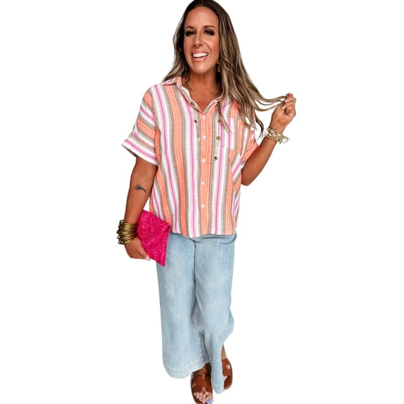 Women's Pink Stripe Short Sleeve Button-Up Shirt – Casual Summer Style for Daily Wear, XL