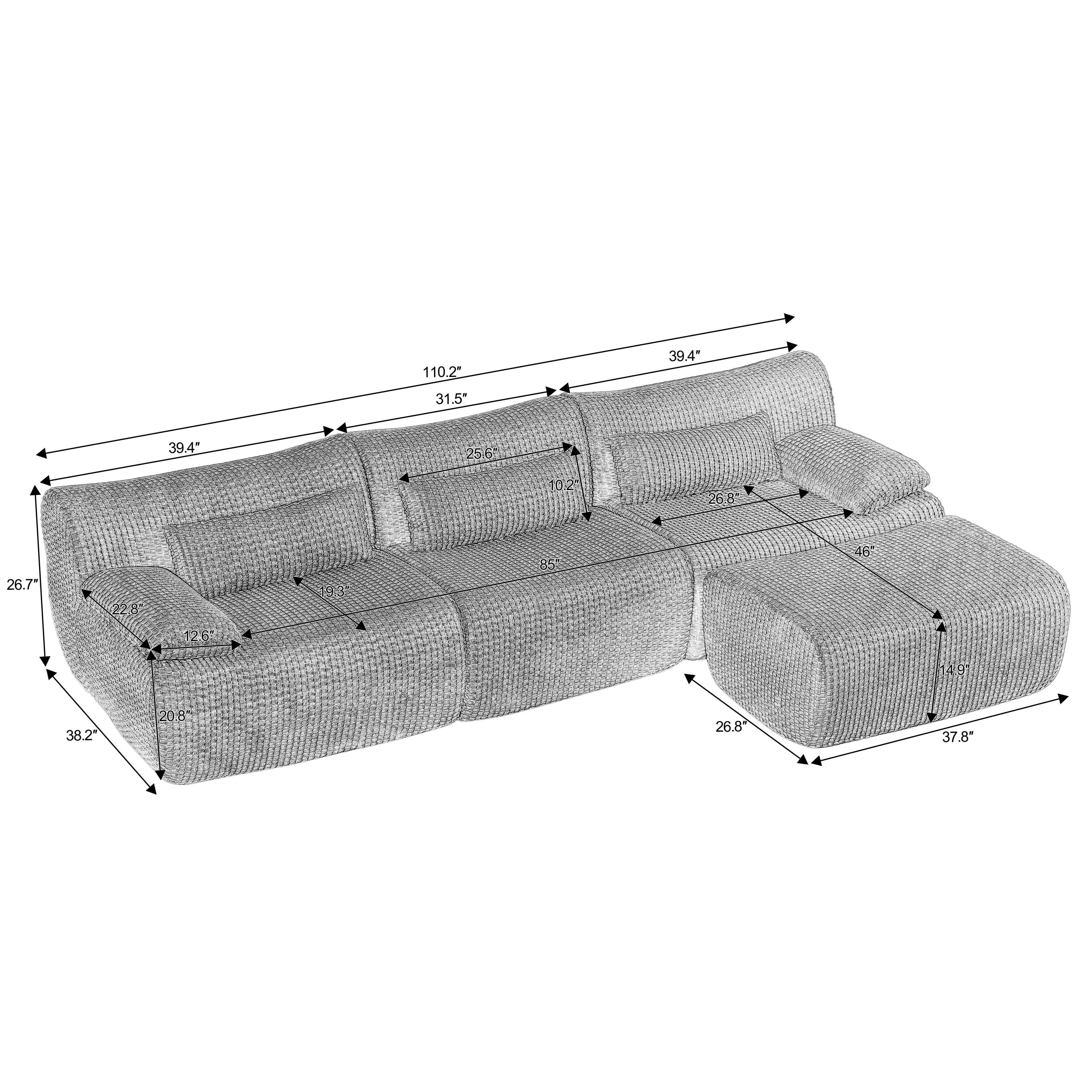 MAYEERTY Oversized Corduroy Cloud Sectional Sofa, Modular L-Shape, Minimalist for Living Room，No Assembly