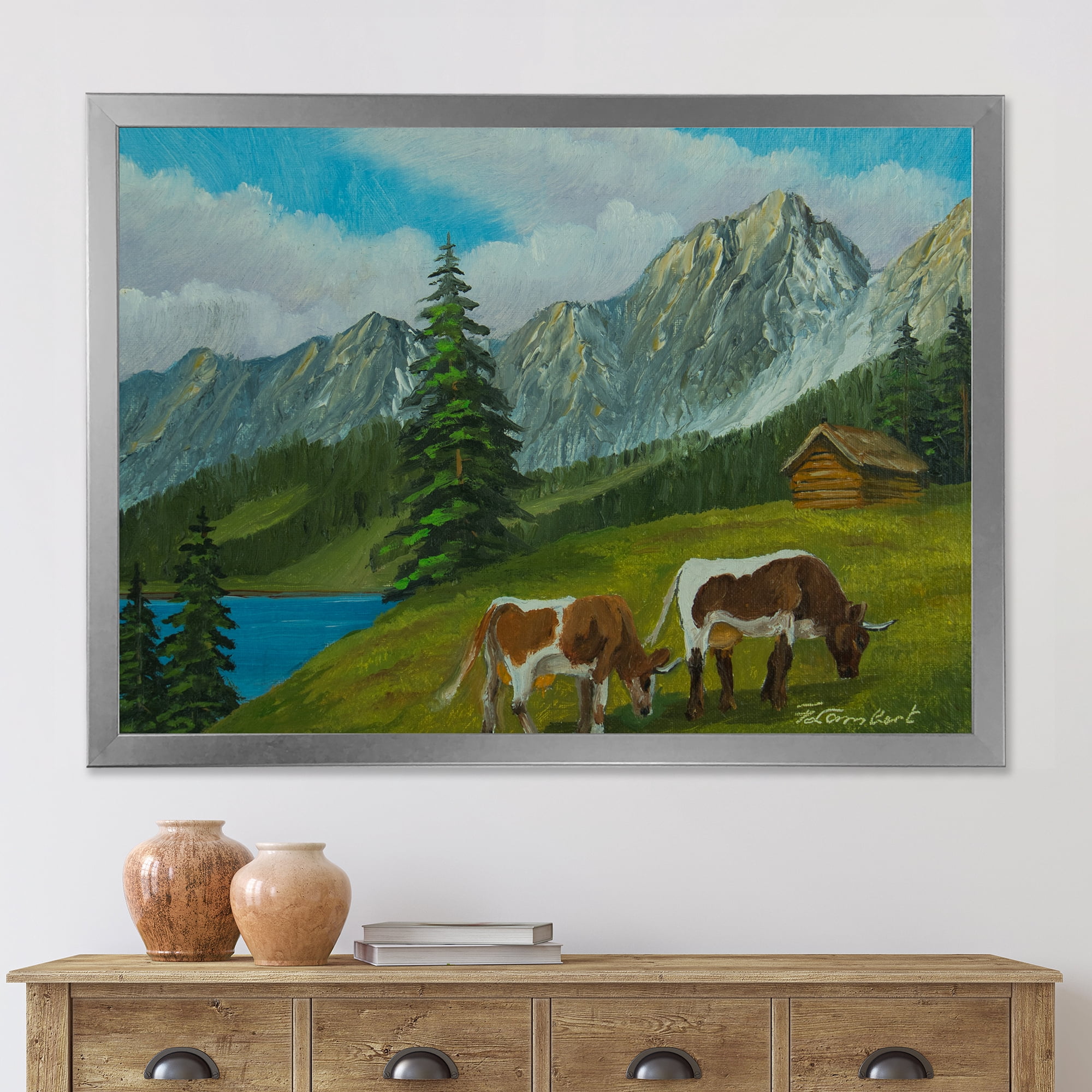 Designart 'Cows On A Green Meadow With Mountain Landscape With ' Farmhouse Framed Art Print
