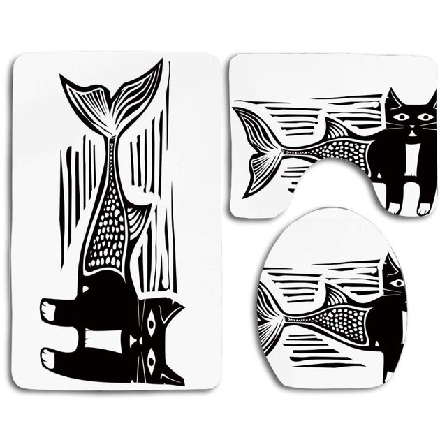 ABPHQTO Estilo de grabado en madera de sirena un bagre sirena monocromo cómico arte humorístico Juego de alfombras de baño de 3 piezas Alfombra de baño Alfombra de contorno y tapa de inodoro