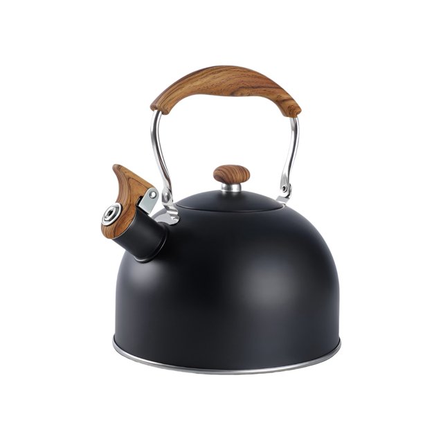 tetera silbante xtellar acero inoxidable para estufa hervida agua 4l color negro, vista frontal centrada de tetera negra mate de 4 L con cuerpo esférico de acero inoxidable y base de borde plateado, pico con boquilla silbante y palanca, asa arqueada y pomo superior con acabado tipo madera; apta para hervir agua en estufa y frecuentemente usada para preparar té o infusiones.