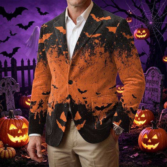 Mens Blazer Halloween Suit Jacket Corduroy Halloween Themed Party Jacket Three Button Slim Fit Halloween Blazers