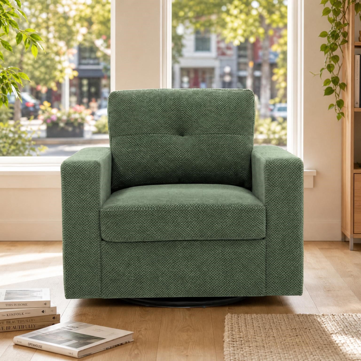 MOONMISS 360° Swivel Accent Chair with Point-Tufted Back & Textured, Upholstery Square Arm Armchair with Metal Pedestal Base, Soft Pillows for Living Room, Bedroom
