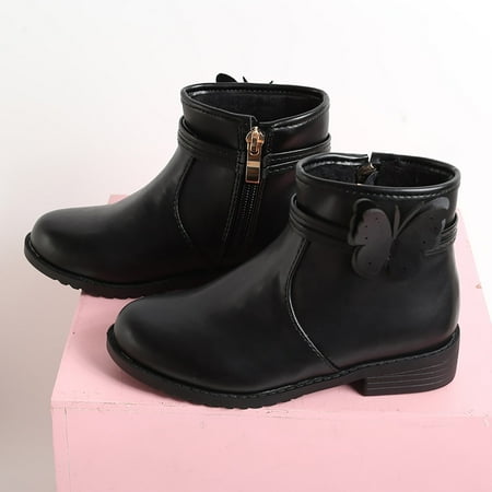 

HAXMNOU Girls Butterfly Decor Zip Side Boots Western Boots Kids Ankle Boots Girls Low Heel Riding Booties With Zipper Black