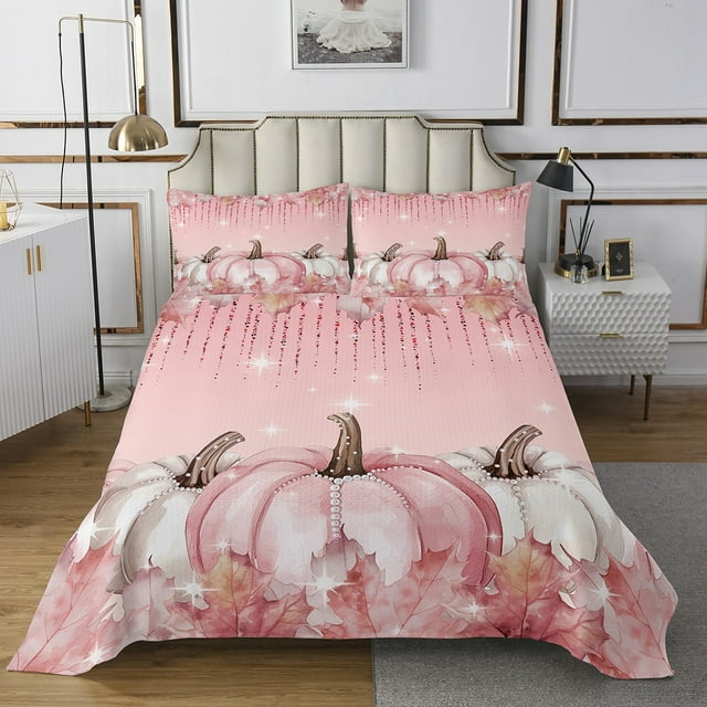 YST Ensemble de Courtepointe Citrouille d'Automne Ensemble de Courtepointe Récolte d'Automne Joyeuse Action de Grâce Couvre-Lit pour Enfants Ensemble de Literie Rose Pailleté Format Très Grand avec 2 Taies d'Oreiller