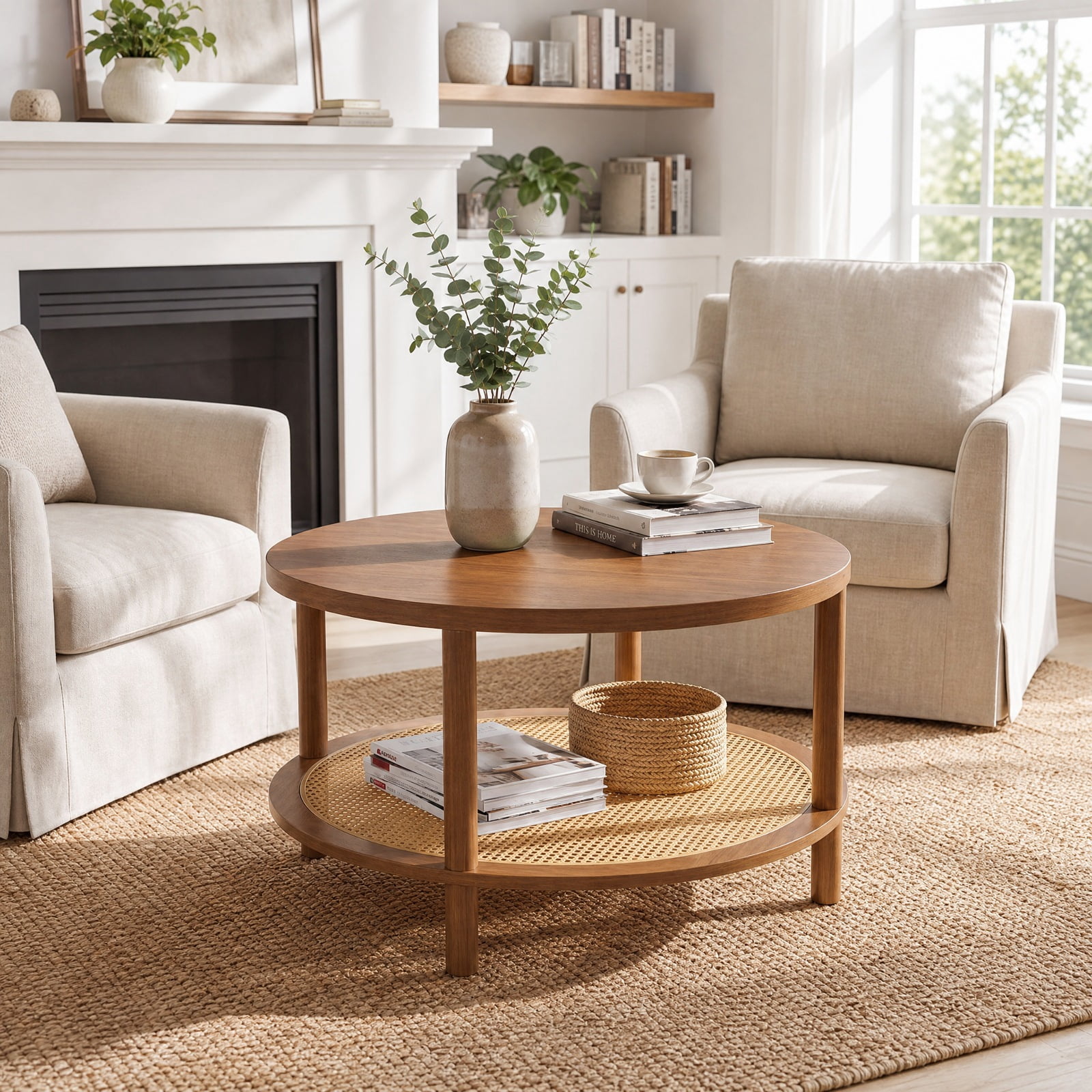 Furnibear 2 Tier Boho Round Rattan Coffee Table with Storage Shelf Rubber Wood Legs and Thickened Top for Living Room, Walnut