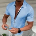 thumbnail image 2 of Zylarhe Mens Summer Shirts, Men Casual Short Sleeve Zipper Summer Beach Shirt Light Texture Elastic Top Sky Blue M, 2 of 6