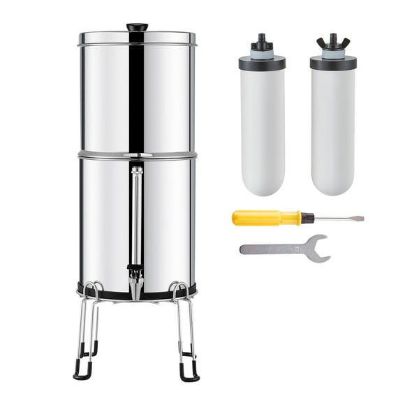 KFFKFF Water Purification Unit, Gravity-Driven, 2.25G 304 Stainless-Steel Tabletop Water Cleaner, Diminishes Lead and up to 99% of Chlorine, Includes 2 Ceramic Carbon Filters, Water Level Spigot