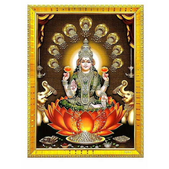 zig zag Goddess Dhana Lakshmi Devi Maa Photo Frame Wall Table Size Medium ( 7x9 inches, Acrylic Glass) Golden