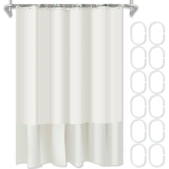 Beige Farmhouse Fabric Shower Curtain, Ruffle Bathroom Curtain with 12 Hooks, 72 x 72