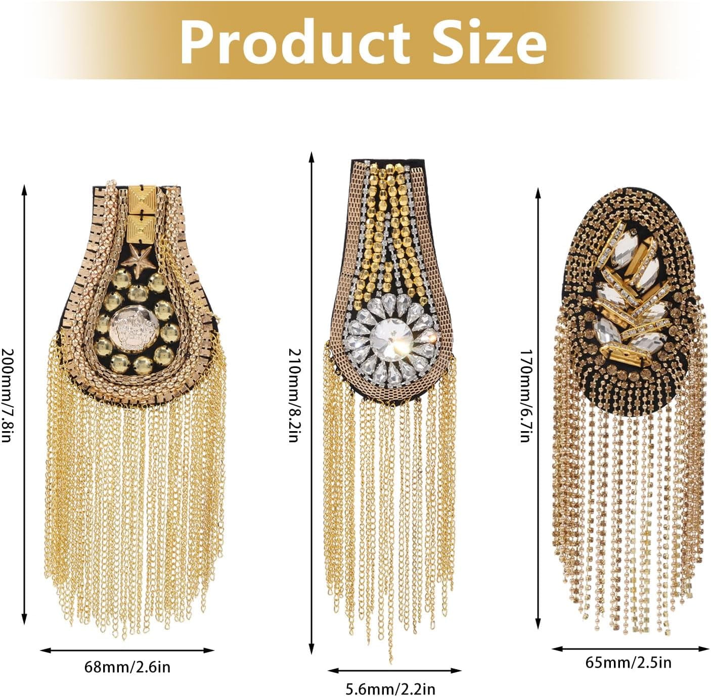 6Pcs 3 Styles Rhinestone Tassel Shoulder Applique with Iron Chains Pin Fringe Patch Shoulder Badges Fringe Shoulder Epaulette Shoulder Badge for Women DIY Jacket Clothes for DIY