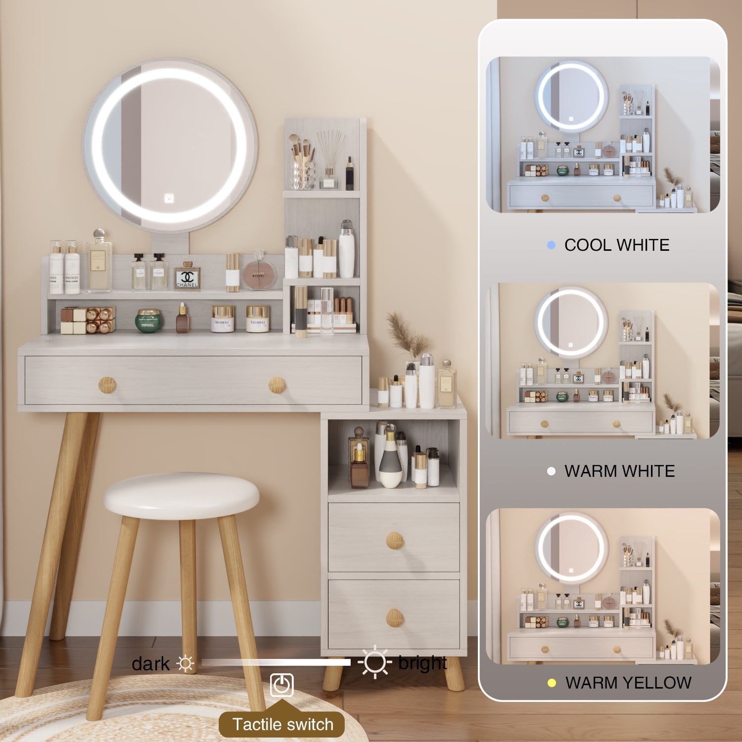 Resenkos Lighted Makeup Vanity Desk Set with Round Mirror&Power Outlet& Stool, Bedroom Dressing Table, White Oak Resenkos Lighted Makeup Vanity Desk Set with Round Mirror&Power Outlet& Stool, Bedroom Dressing Table, White Oak