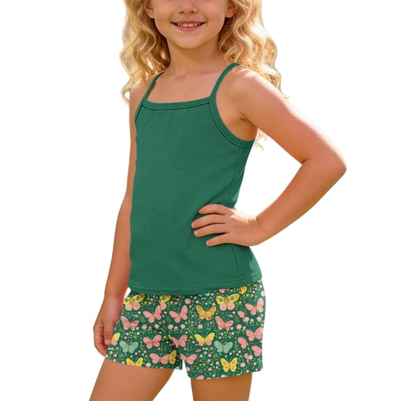 Cethrio Girls Outfit Sets 2 Piece, Printed Sleeveless Vacation Kids Summer Clothing Sets Green Size 12