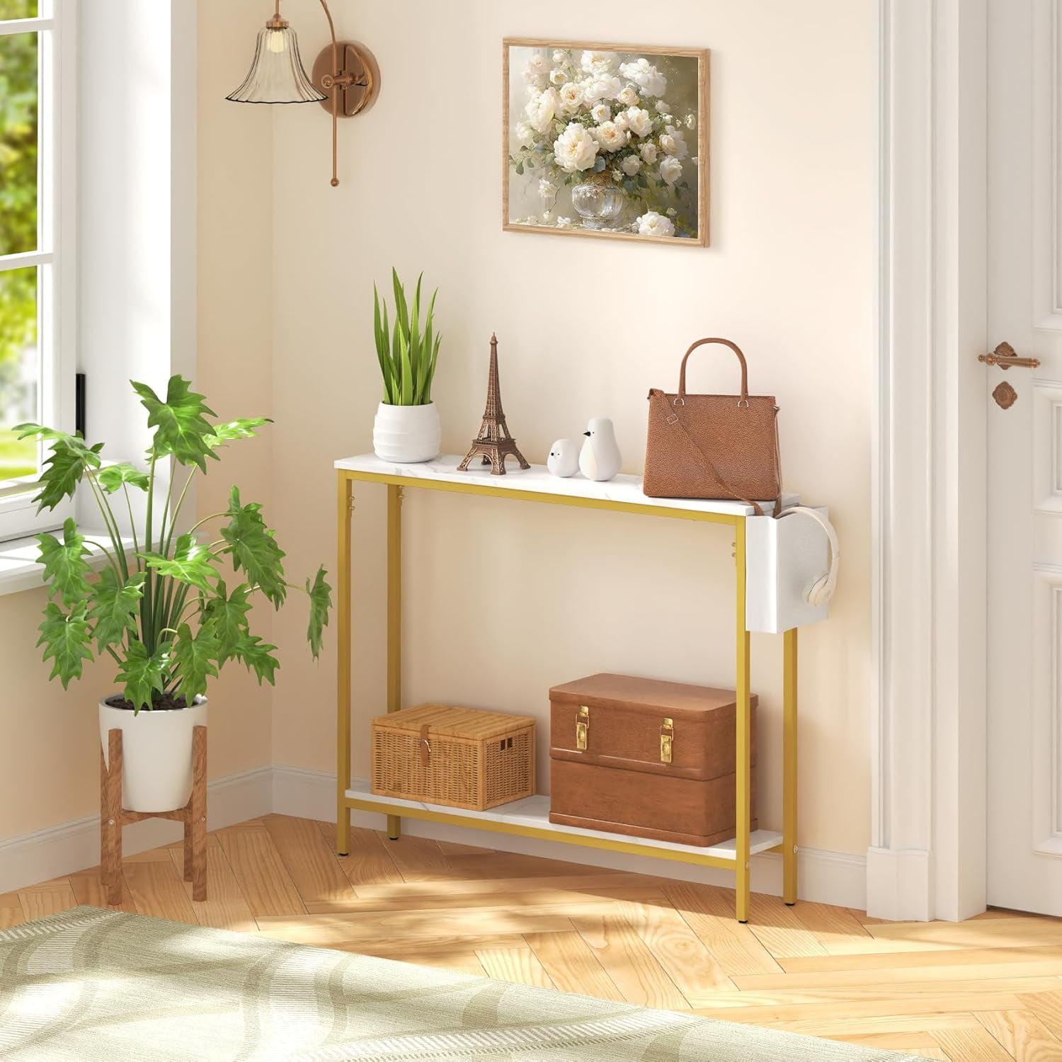 Frmobepts Console Table for Entryway, 2 Tier Entryway Table Bookshelf Accent Table With Storage Shelf Living Room Entry Hall Foyer Table Furniture, Marble White