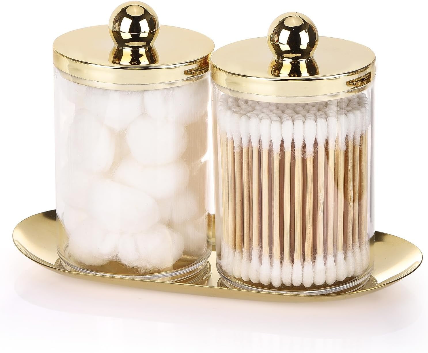 RGHJAR-2 Pack Qtip Holder with Gold Tray, 10oz Plastic Canister Apothecary Jar for Cotton Swabs, Balls, Pads, Floss Picks - Clear Bathroom Essentials Accessories Decor
