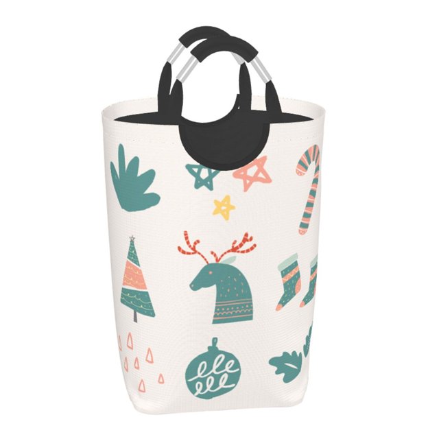 Waterproof Collapsible Laundry Hamper, Christmas Elements Pattern Aluminum Handle Laundry Bag Storage Basket, 50L
