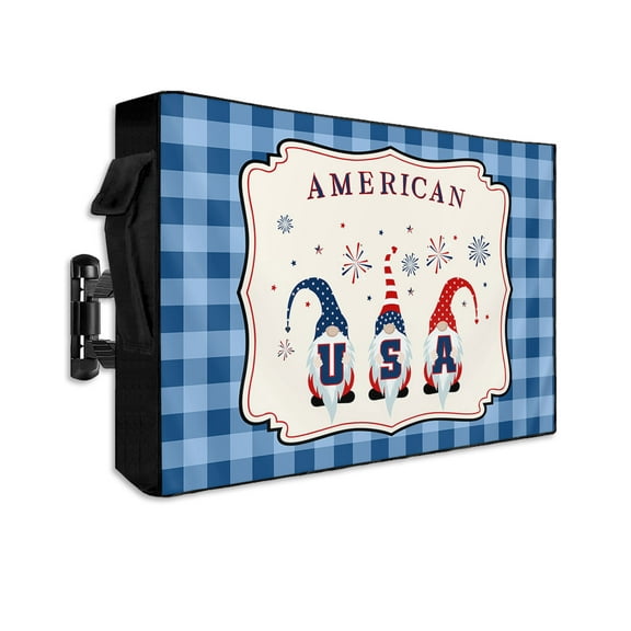 Independence Gnomes Celebration American Star Outdoor TV Cover 30 to 32 Inch Waterproof, Blue Plaid Checker 600D Oxford TV Covers with Zipper, Outside Flat TV Screen Protector 30"Wx19"Hx4.5"D