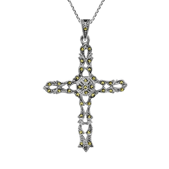 Stunning Victorian Style Cross of Faith Marcasite Sterling Silver Necklace