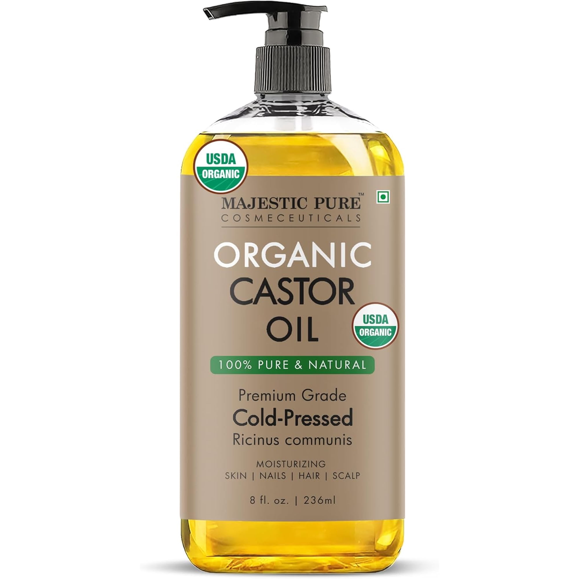 Majestic Pure USDA Organic Castor Oil | Hexane Free & 100% Pure | Cold Pressed | Stimulate Growth for Hair, Eyelashes, Eyebrows, Nails | Moisturizing & Nourishing | Body, Hair & Carrier Oil | 8 Fl Oz