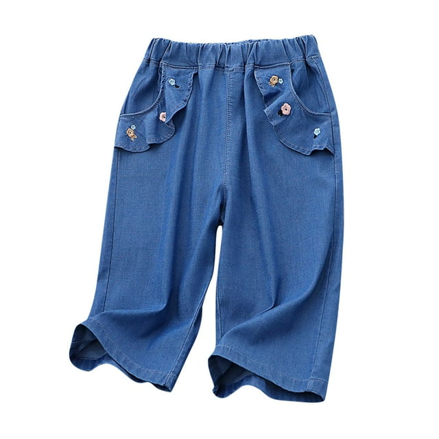 Odeerbi 5-12 Años Niños Jeans Suaves Verano Ruffle Denim Capris Casual Pata Recta Vaquero Pantalones Recortados