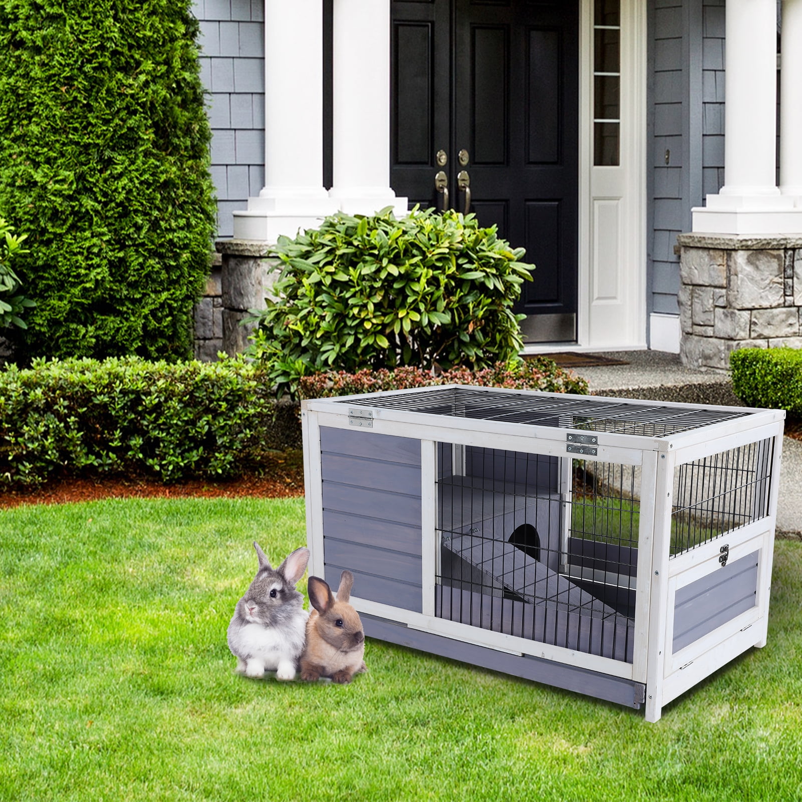 Petsfit Guinea Pig Rabbit Cages，Wooden Indoor Rabbit Hutch with Hideout for Rest and Ramp for Enter and Out