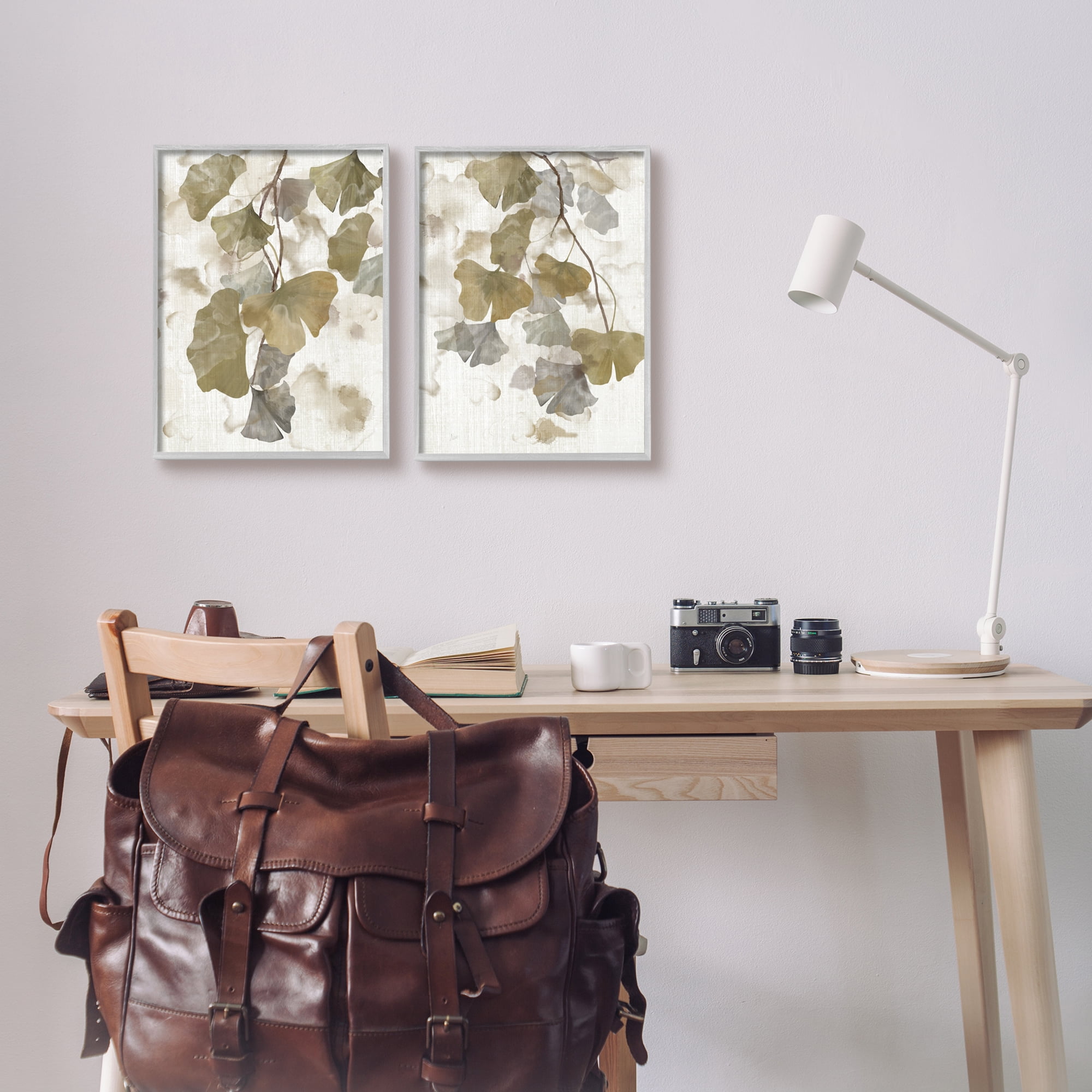 Stupell Industries Rustic Gingko Leaves Botanical & Floral Painting Gray Framed Art Print Wall Art, 11 x 14, Set of 2