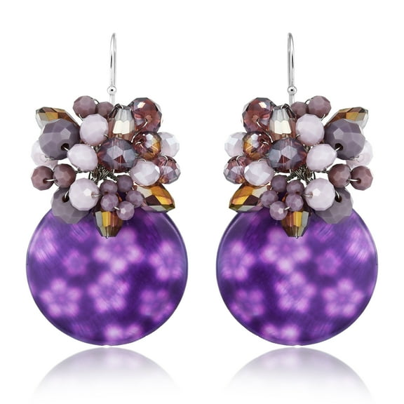 Sparkling Purple Painted Seashell and Crystal Bead Floral Dangle Earrings