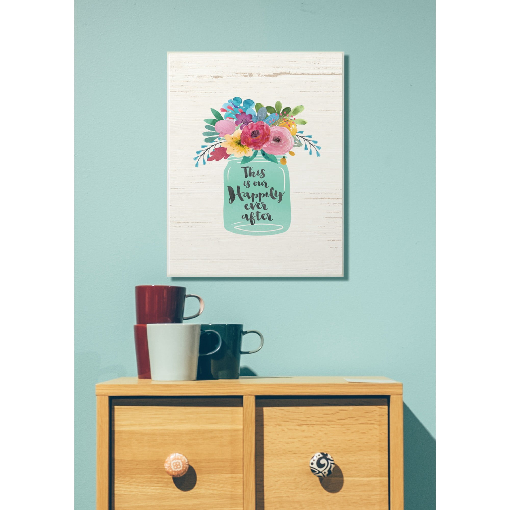 The Stupell Home Decor Collection This Is Our Happily Ever After Flowers Jar White Wood Wall Plaque Art, 10 x 0.5 x 15