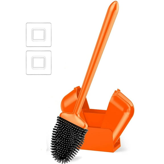 Bathroom Toilet Brush and Holder Set, Toilet Bowl Cleaner Bendable Tongue-shaped Silicone Brush Head Anti Splash Bristles, Self Closing Quick Drying Holder in Orange