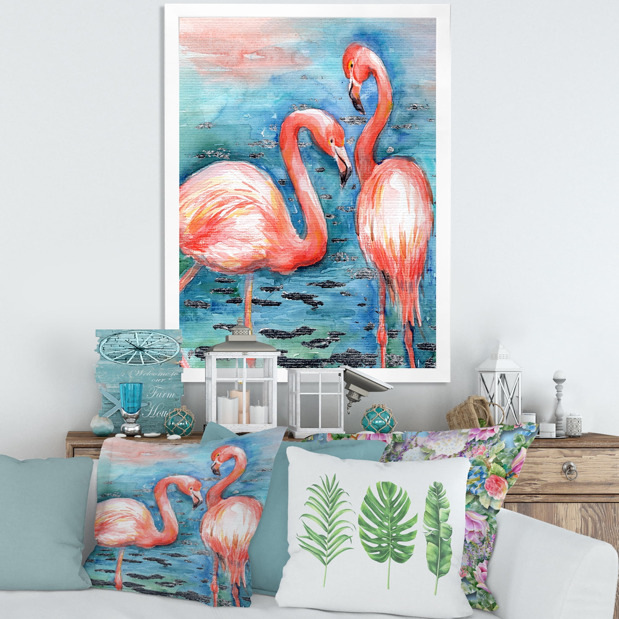 Designart 'Pink Flamingos Love Birds In Blue Water I' Farmhouse Framed Art Print