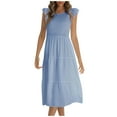thumbnail image 2 of LOVZFMLL Fashion Women's Summer Round Short SleeveNeck Solid Dress Light Blue M, 2 of 6