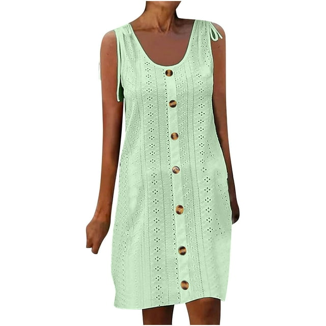 AherBiu Robes Grande Taille pour Femmes Robe Tunique Sans Manches à Boutons Col Rond Robes d'Été