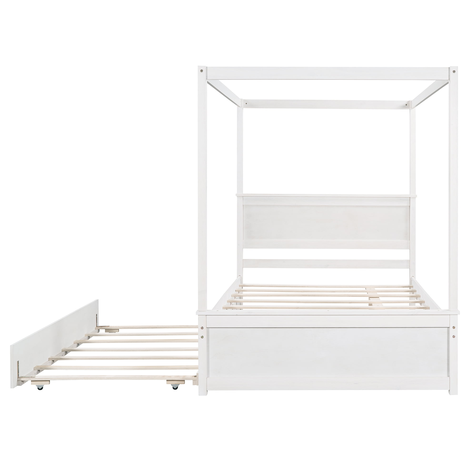 DEALTOPS Wood Canopy Platform Bed with Trundle, Full Bed Frame with Support Slats, White