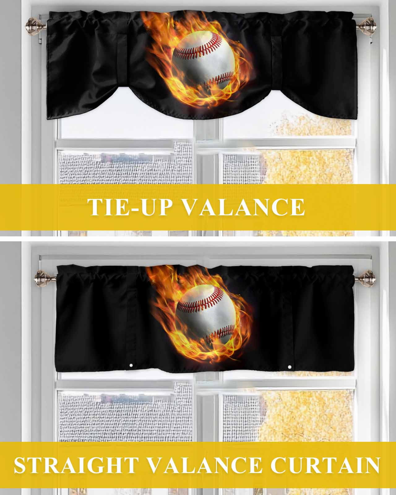 Flame Baseball Tie Up Valances Curtain, Adjustable Kitchen Sports Black Background Abstract Art Valances for Windows Decor, Rod Pocket Short Curtains Set for Bedroom/Bathroom, 54"x18"