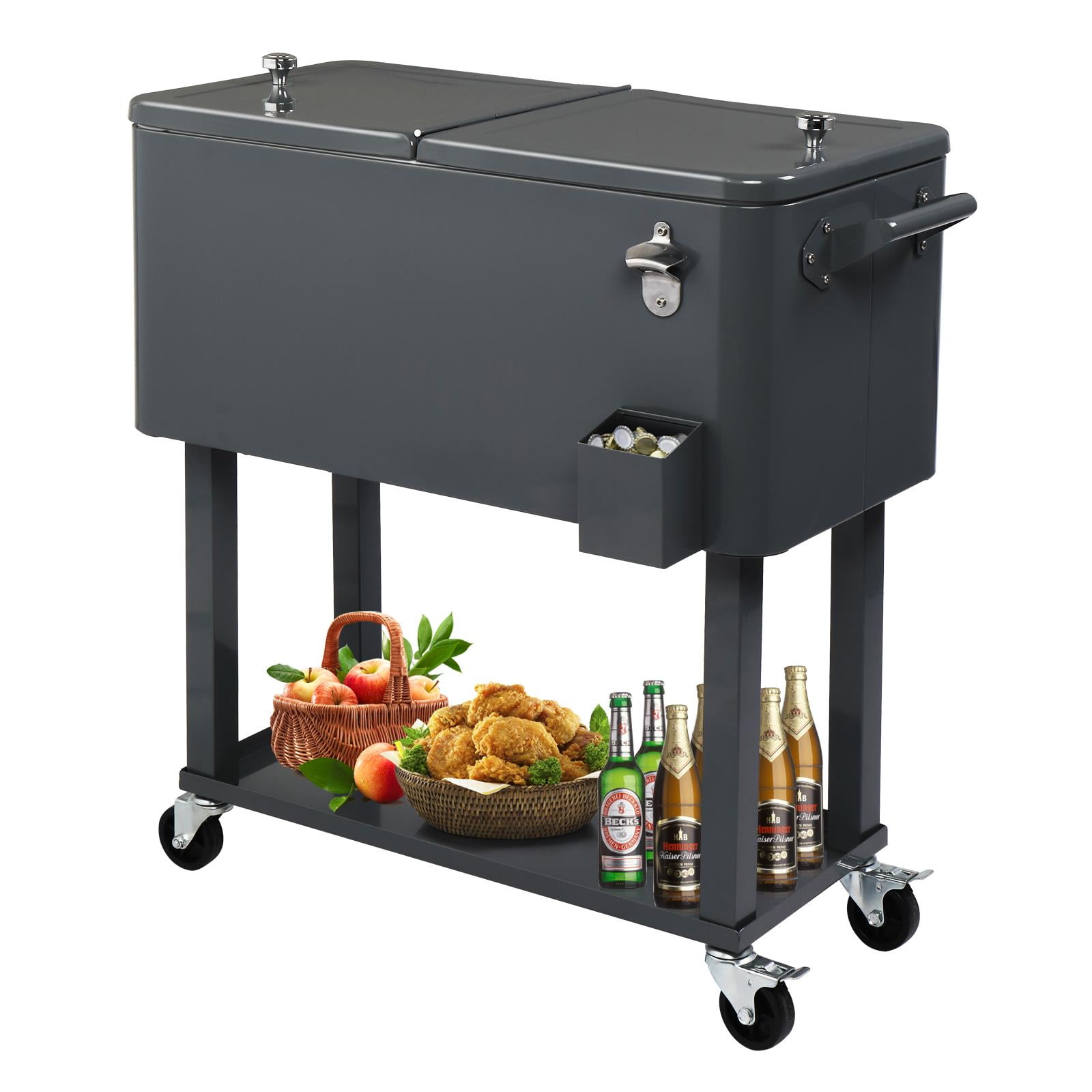 BaytoCare Trolley Spray Cooler Cart 80QT Ice Beer with Shelf Wheel, Frozen Warm Function, Gray
