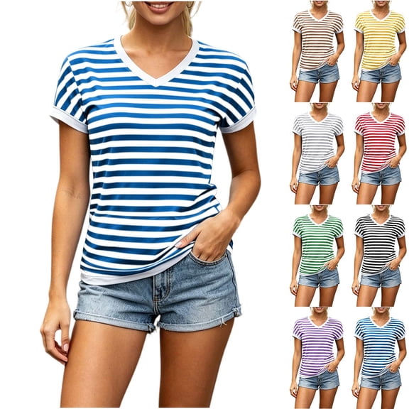 Neewe Womens Summer Tops Short Sleeve Casual Shirts Striped Tee Trendy 2026 Basics V Neck Tshirt