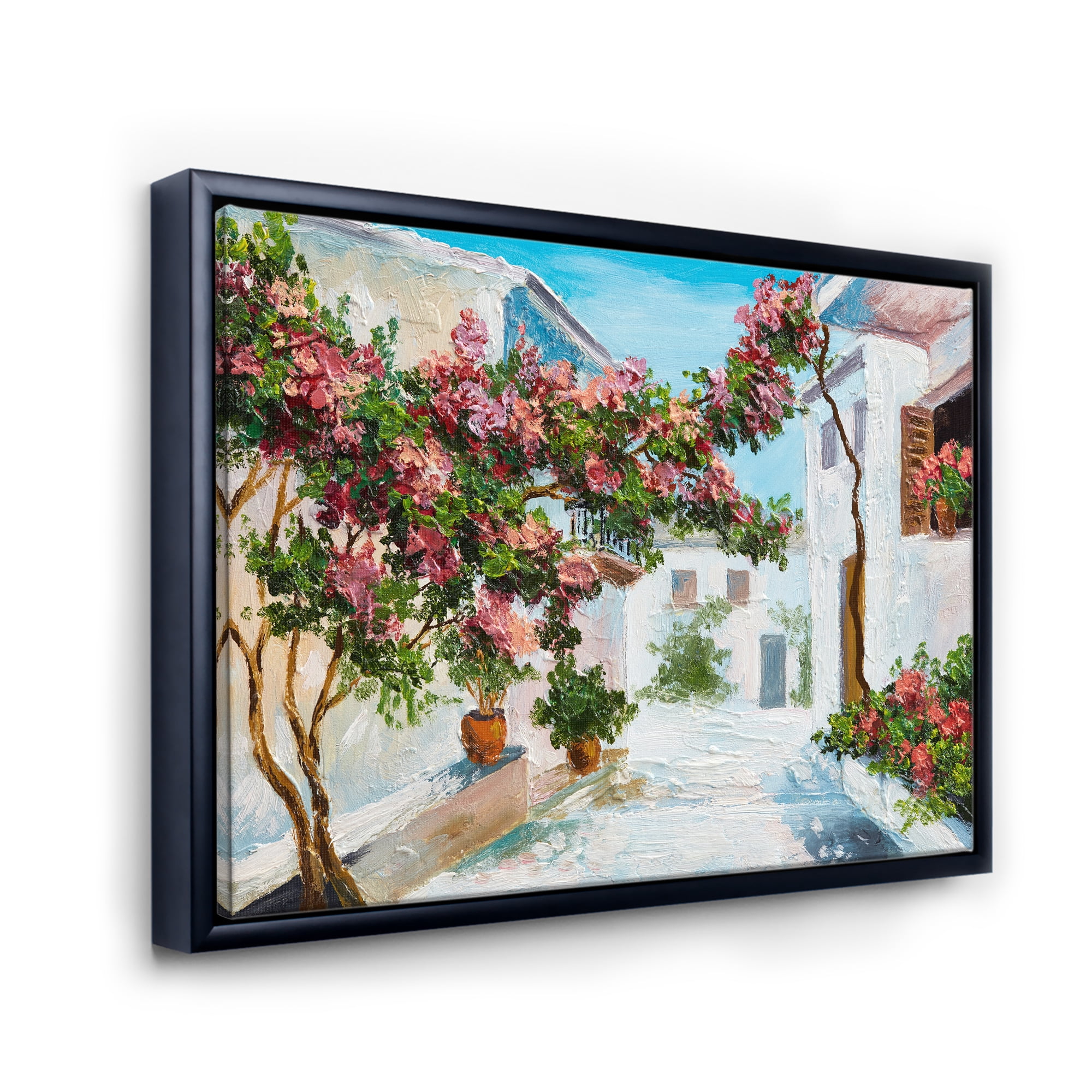 Designart 'Blossoming Flowers With White House Near The Sea' Nautical & Coastal Framed Canvas Wall Art Print