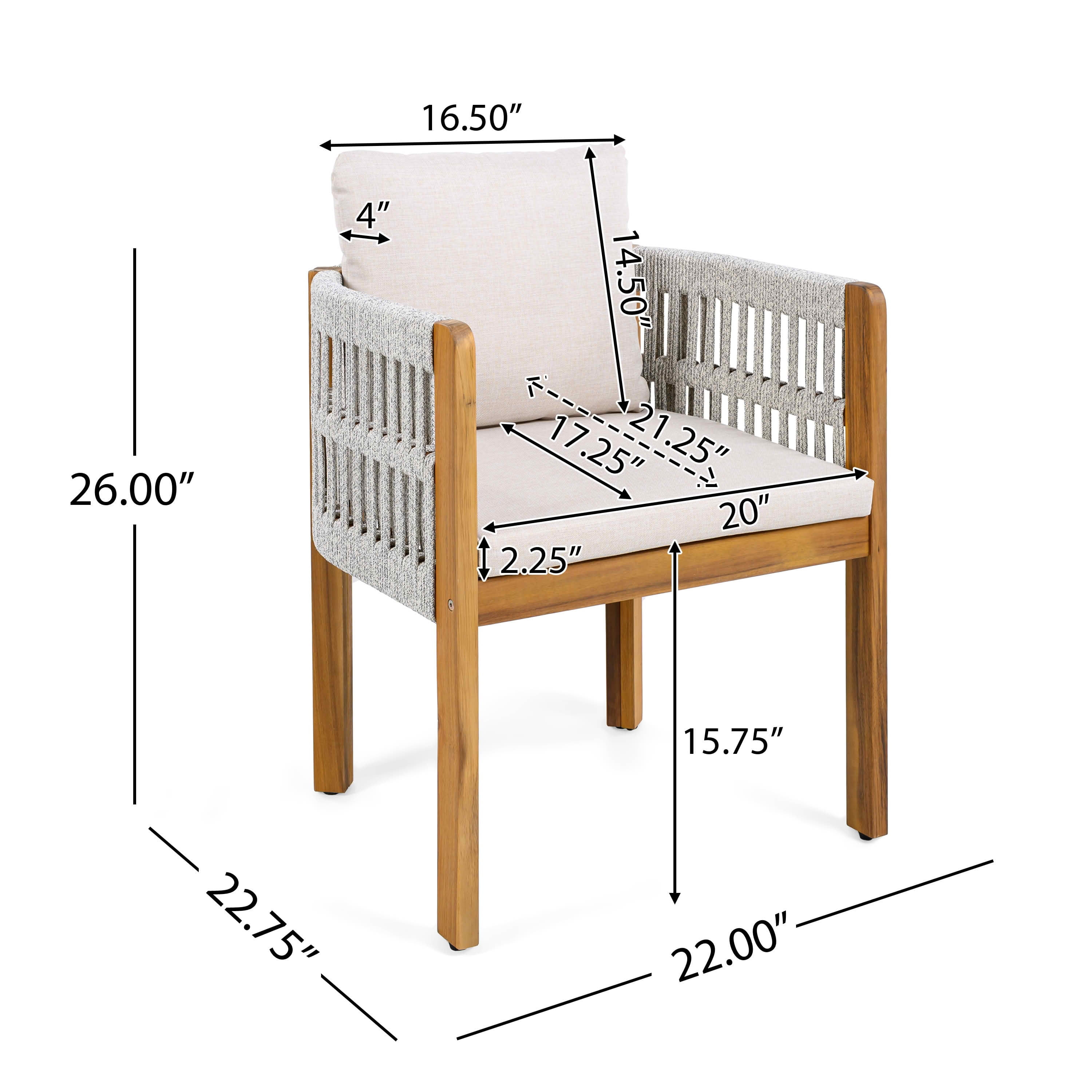 MAYEERTY Set of 2 Acacia Wood Patio Chairs with Rope-Wrapped Arms & Waterproof Foam Cushions 400lbs Capacity