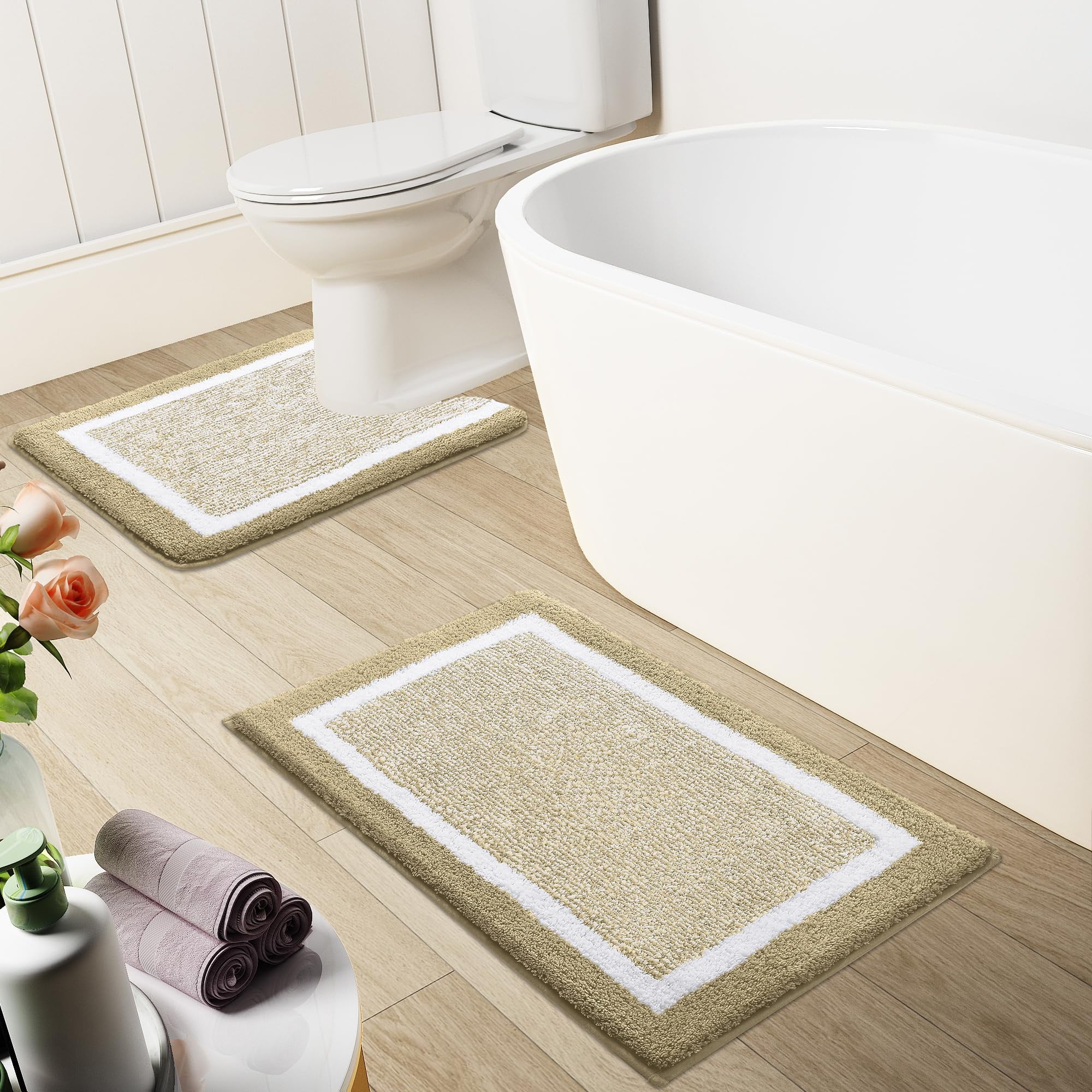 Smiry U-Shaped Luxury Bathroom Rugs, Ultra Soft and Absorbent Microfiber Contour Bath Rug, Non-Slip Machine Washable Toilet Rug, 24"x20", Beige and White
