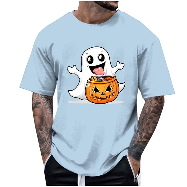 Blusas y camisas de manga corta y cuello redondo para hombre. Blusas/camisetas de manga corta con cuello redondo y estampado de Halloween para hombre. Blusa para hombre.
