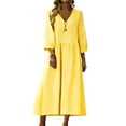 thumbnail image 3 of Feancey Summer Dresses for Women 3/4 Sleeve V Neck Linen Dress Solid Color Loose Fit Midi Dresses Flowy Swing Vacation Dress Yellow S, 3 of 10