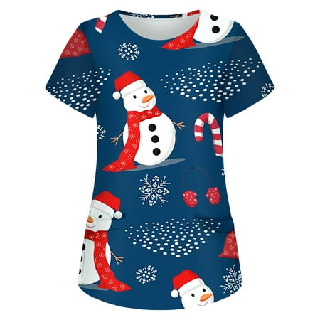 

Winter Savings 2022! Plus Size Christmas Scrubs Tops for Women Snowman Print Working Uniform Casual Short Sleeve Nurse Workwear Blouse Shirts with Pockets