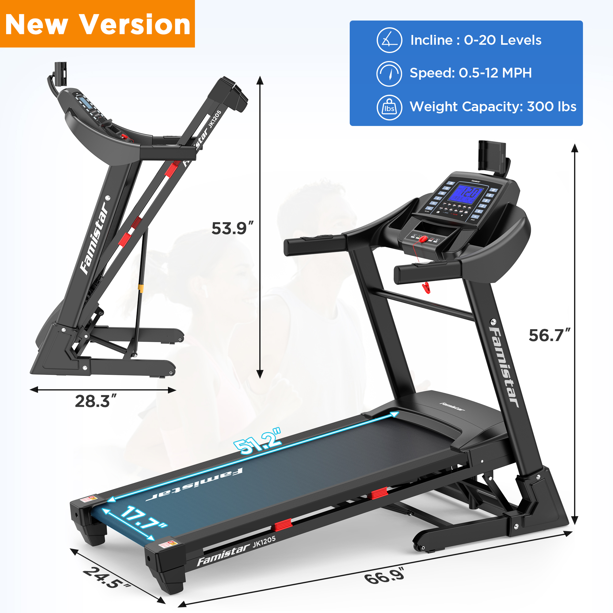 Famistar 4.0HP Folding Treadmill for Home with 20 Levels Auto Incline, 300LB Capacity, 12MPH Speed Controls, New Version, Black - image 3 of 8