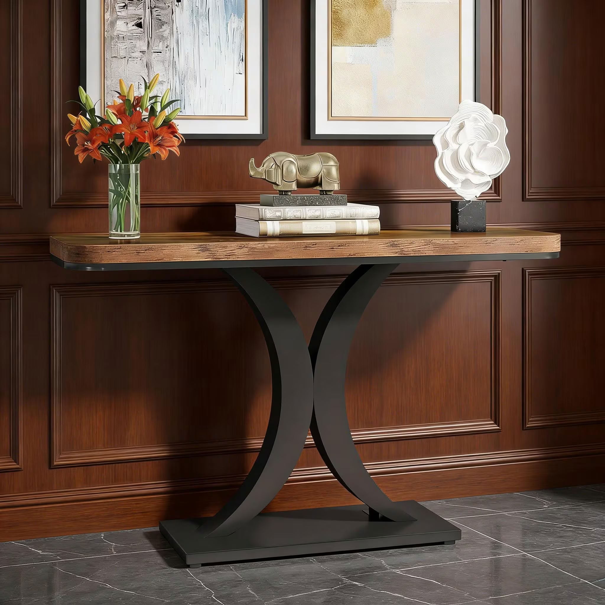 MAYEERTY 39.4" Industrial Console Table, Wood Entryway Sofa Table for Living Room, Hallway, Foyer, Rustic Brown