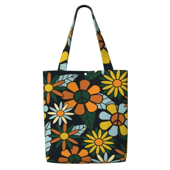 Women Canvas Tote Bag Lady Shoulder Shopping Bag Crossbody Bag Casual Handbag Shopping Work School Seamless 70s Retro Hippie Flowers Pattern