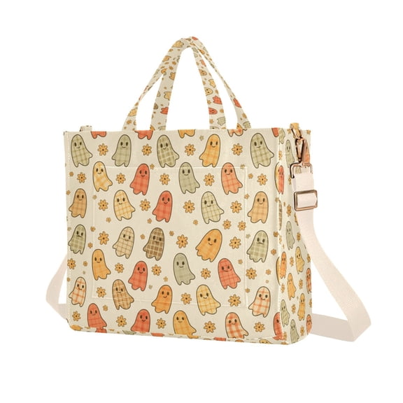 FORMRS Womens Corduroy Tote Bag Crossbody Shoulder Purse Handbag with Detachable Strap, Cute Cartoon Ghost Pattern
