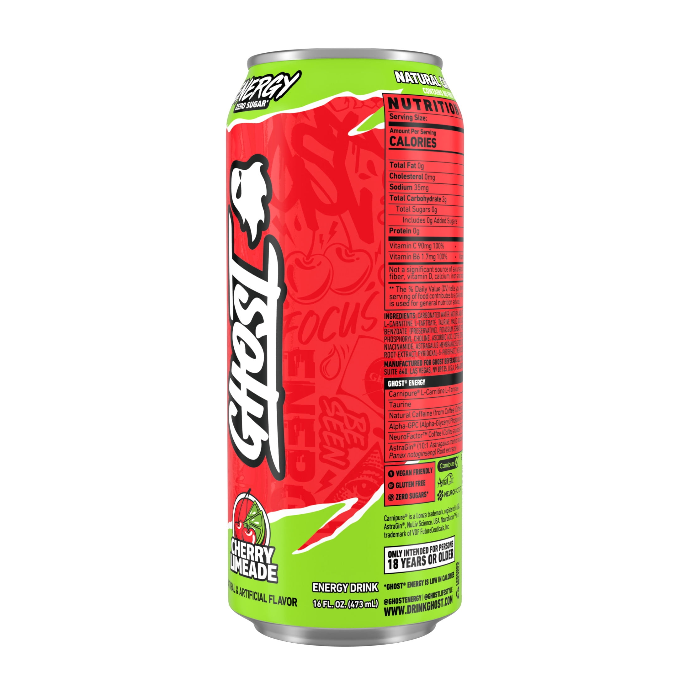how much l carnitine is in ghost energy drink Ghost Zero Sugar Cherry Limeade Energy Drink, 200mg Natural Caffeine, 16 fl  oz, Can