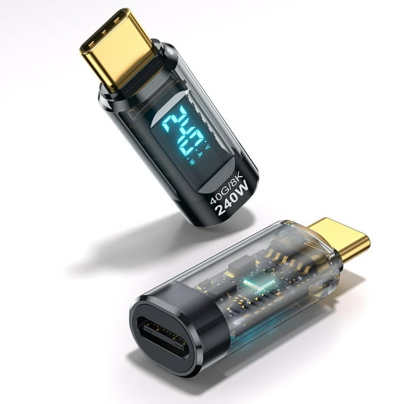 240W USB C Adapter Power Meter Tester Transparent (2 Pack) with Wattage LED Digital Display, USB C Male to USB C Female Extension Adapter for iPhone 15 Pro Max MacBook Pro, More USB-C Cables/Devices