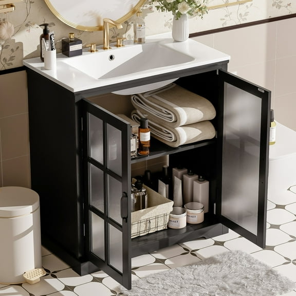 Christopher Knight Home 30" Bathroom Vanity with Ceramic Sink, Blurred Glass Doors, Wood Frame, Black